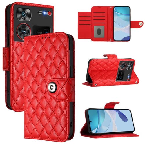 Funda de Cuero con Tapa Textura Rombal para ZTE Nubia Z60 Ultra con Cordón (Rojo)