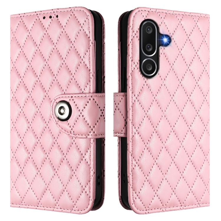 Funda de cuero con textura rómbica y cordón para Samsung Galaxy M56 5G (rosa)