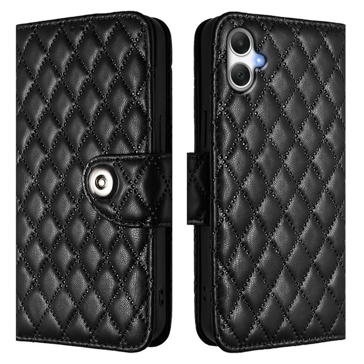 Funda de cuero con textura rómbica y cordón para Samsung Galaxy A07 4G (negra)