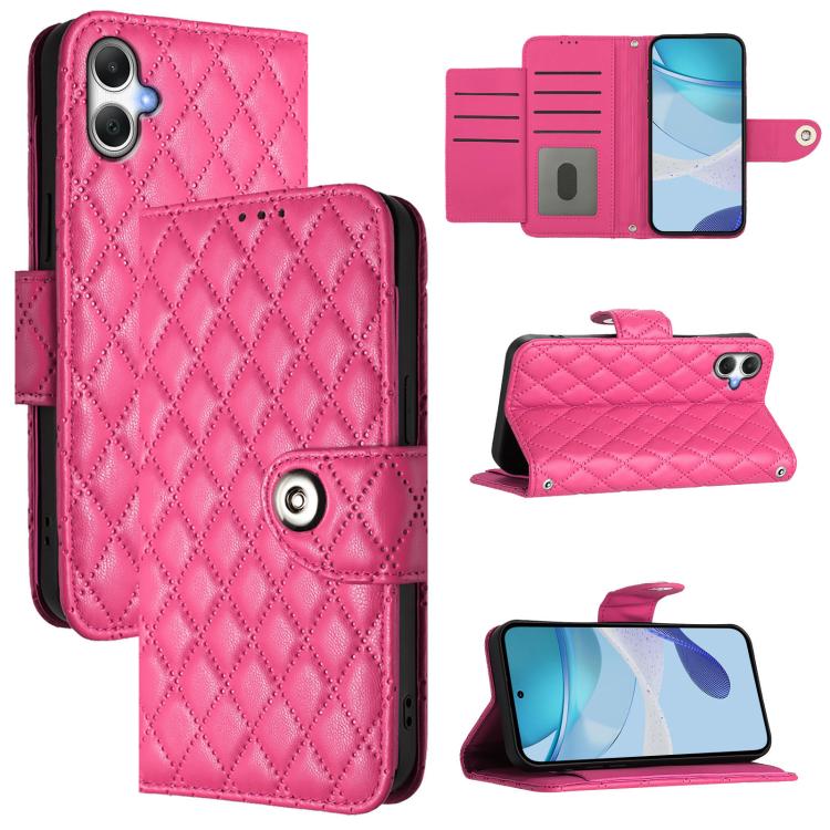 Funda de cuero con tapa y cordón para Samsung Galaxy A07 4G con textura rómbica (rosa y rojo)