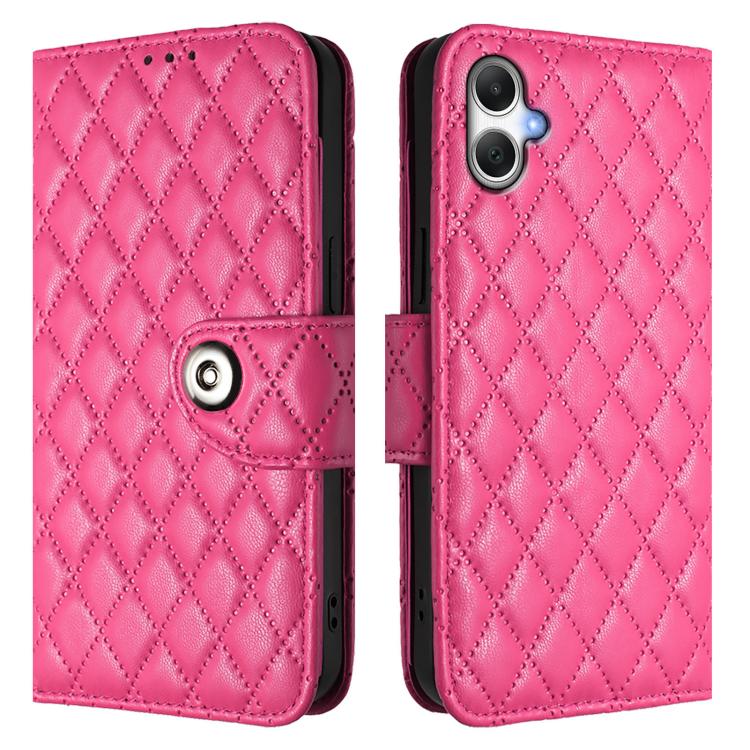 Funda de cuero con tapa y cordón para Samsung Galaxy A07 4G con textura rómbica (rosa y rojo)