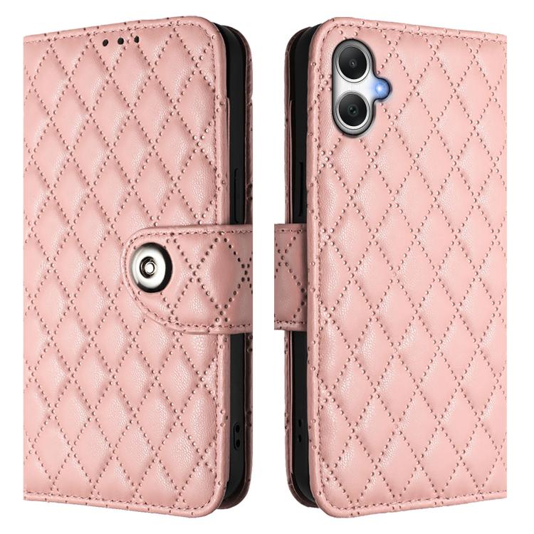 Funda de cuero con textura rómbica y cordón para Samsung Galaxy A07 4G (rosa coral)
