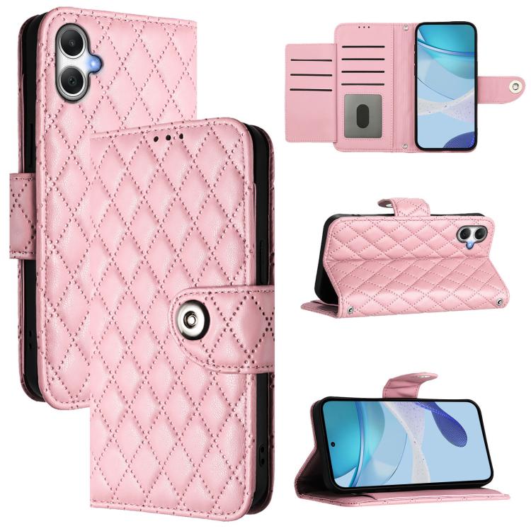 Funda de cuero con textura rómbica y cordón para Samsung Galaxy A07 4G (rosa)