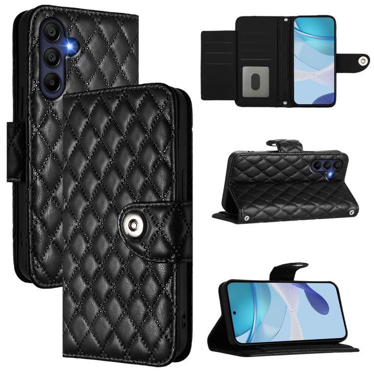 Funda de cuero con textura rómbica y cordón para Samsung Galaxy A17 5G (negra)