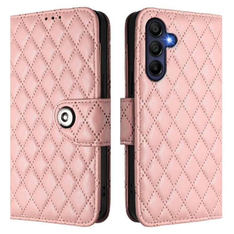 Funda de cuero con textura rómbica y cordón para Samsung Galaxy A17 5G (rosa coral)