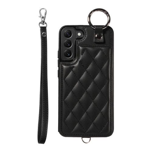 Estuche para Teléfono Samsung Galaxy S22 + 5G con Bolsa para Tarjetas Textura Rómbica y Cordón Corto (Negro)