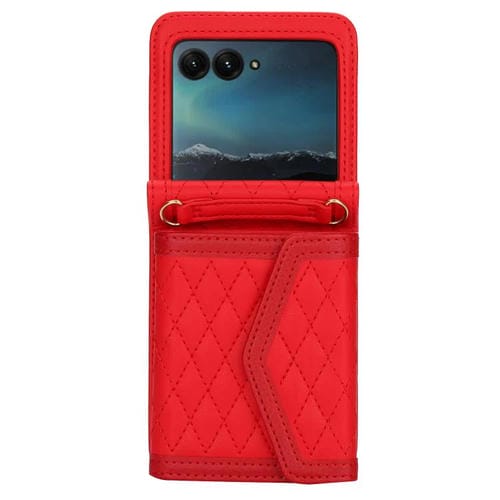 Funda para Motorola Razr 60 Ultra con textura rómbica y cordón largo y corto (roja)