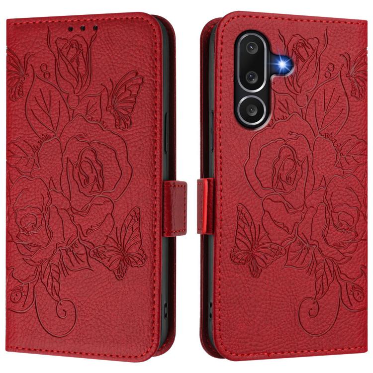 Funda de cuero antirrobo RFID con relieve rosa para Samsung Galaxy M56 5G (roja)