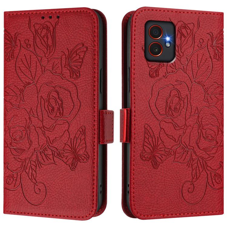 Funda de cuero antirrobo RFID con relieve rosa para Samsung Galaxy XCover7 Pro (roja)