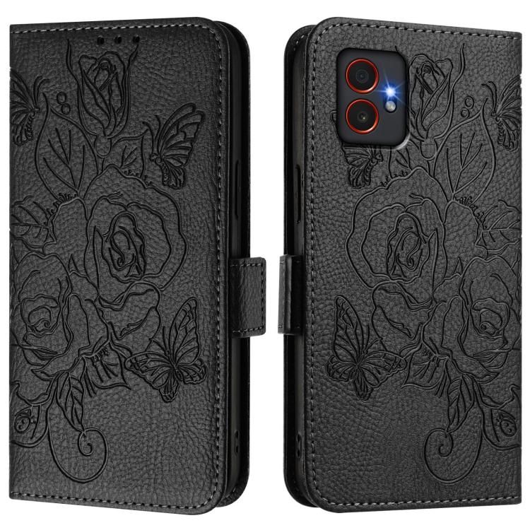 Funda de cuero antirrobo RFID con relieve rosa para Samsung Galaxy XCover7 Pro (negra)