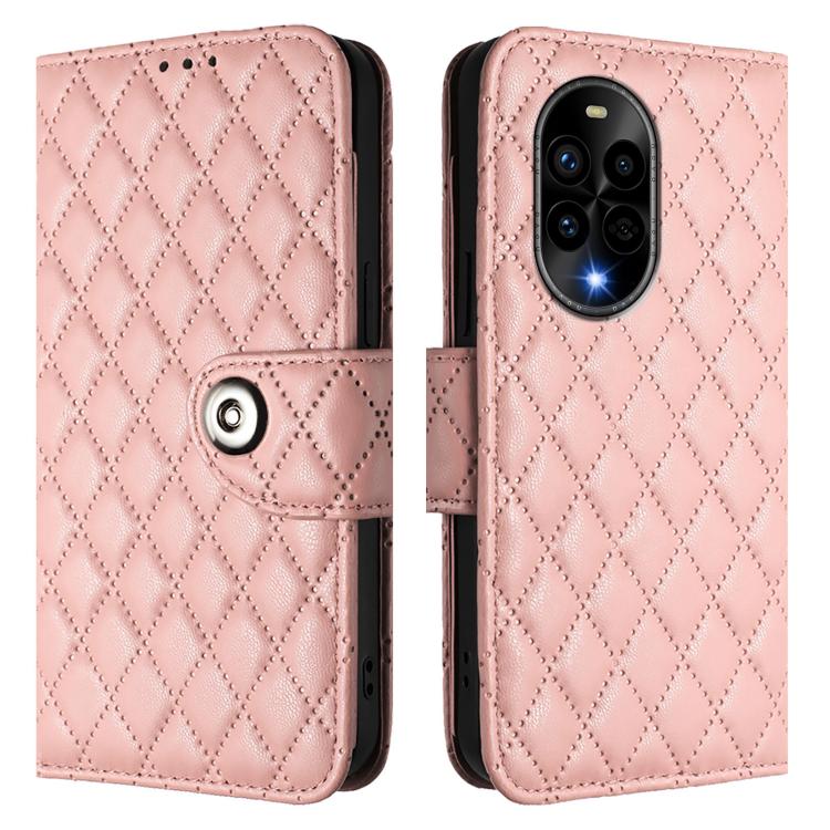Funda de Cuero con Tapa y Textura Rombal para Huawei Nova 13 Pro con Cordón (Rosa Coral)
