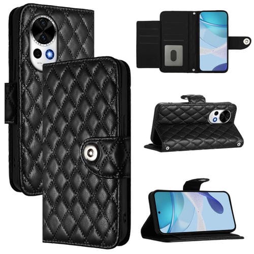 Funda de Cuero con Tapa y Textura Rómbica para Huawei Nova 13/Nova 12 con Cordón (Negro)