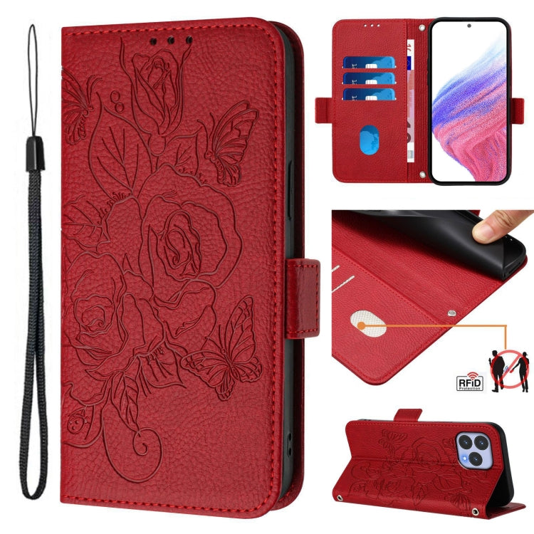 Funda de Cuero Antirrobo RFID con Relieve para Wiko T60 y Cubot P80 (Rojo)