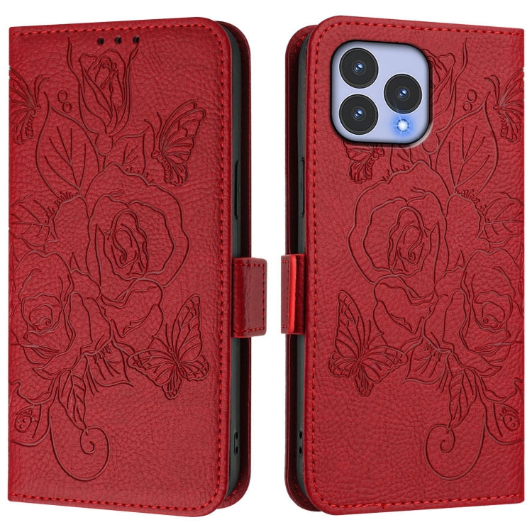 Funda de Cuero Antirrobo RFID con Relieve para Wiko T60 y Cubot P80 (Rojo)