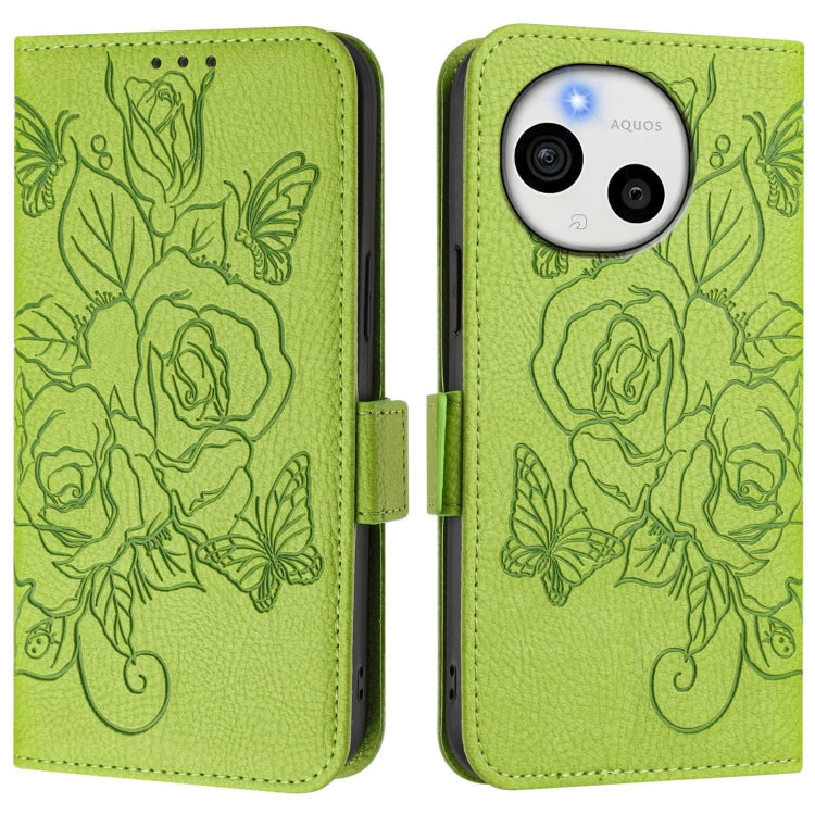 Funda de Cuero Antirrobo RFID para Sharp Aquos Sense9 Plus con Diseño de Rosa en Relieve (Verde)