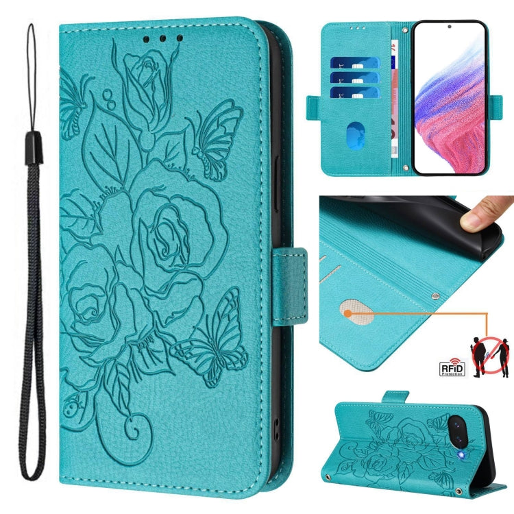 Funda de Cuero Antirrobo RFID con Relieve para Google Pixel 9A (Azul Claro)