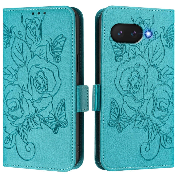 Funda de Cuero Antirrobo RFID con Relieve para Google Pixel 9A (Azul Claro)