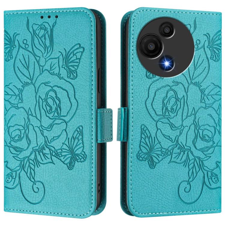 Funda de cuero antirrobo RFID con relieve rosa para TCL 605/60 SE (azul claro)