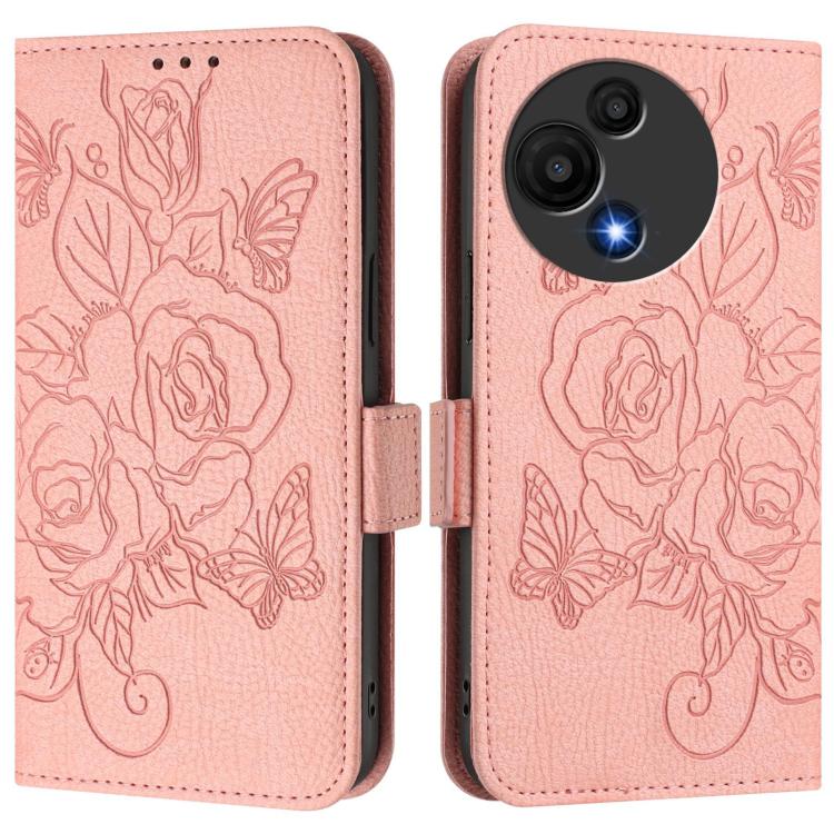 Funda de cuero antirrobo RFID con relieve rosa para TCL 605/60 SE (rosa)