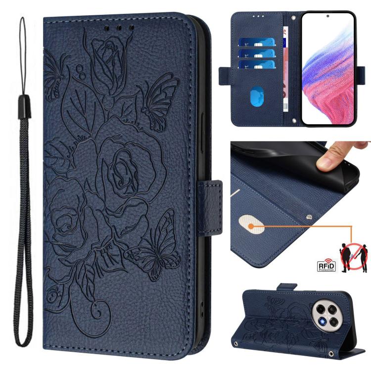 Funda de Cuero Antirrobo con Rfid En Relieve para OnePlus 13R/Ace 5 Pro 5G (Azul Oscuro)