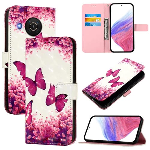 Funda de Cuero con Tapa Horizontal y Pintura 3D para Nokia X20/X10 (Mariposa Rosa)