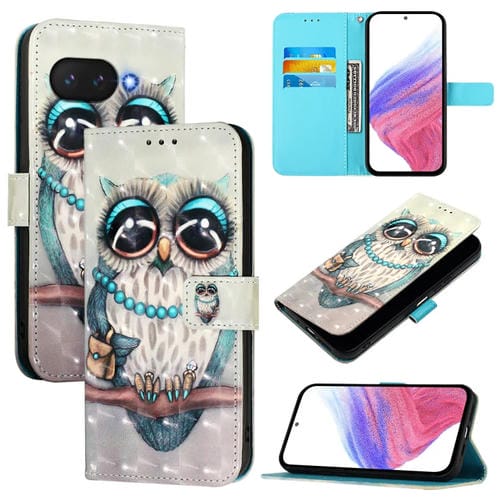 Funda de Cuero con Tapa Horizontal y Pintura 3D para Google Pixel 9A (Búho Gris)