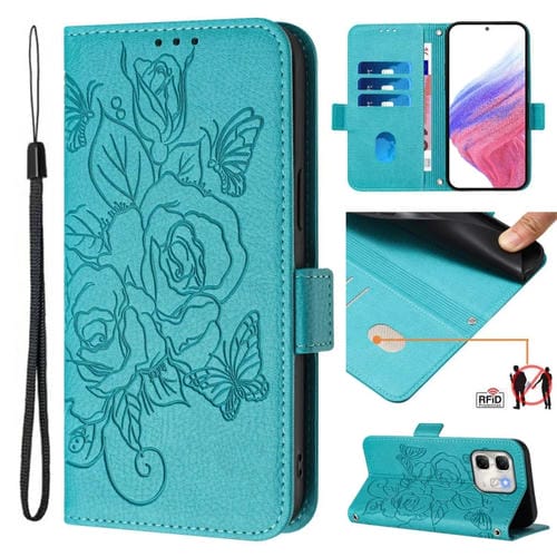 Funda de Cuero Antirrobo RFID con Relieve Rosa para Infinix Hot 50I 5G y Smart 9 4G (Azul Claro)