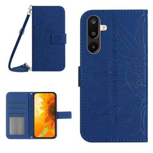 Funda de piel con tapa y cordón para Samsung Galaxy M36 5G, con diseño de girasoles en relieve (azul oscuro)