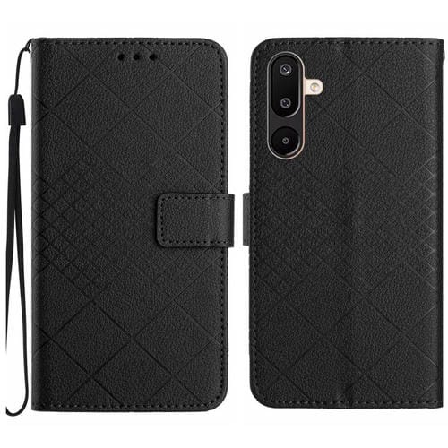 Funda de cuero con textura de cuadrícula rómbica para Samsung Galaxy M36 5G (negra)