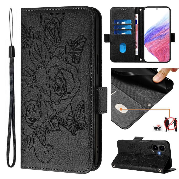 Funda de cuero antirrobo RFID con relieve rosa para Tecno Pop 10 / Infinix Smart 10 4G (negra)