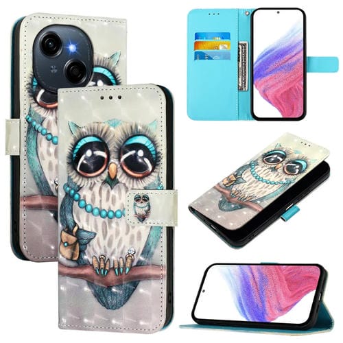 Funda de Cuero con Tapa Horizontal y Pintura 3D para Tecno Spark Go 1/Go 2025 (Búho Gris)