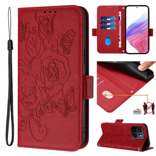 Funda de cuero antirrobo RFID con relieve rosa para Honor X6c 4G (roja)