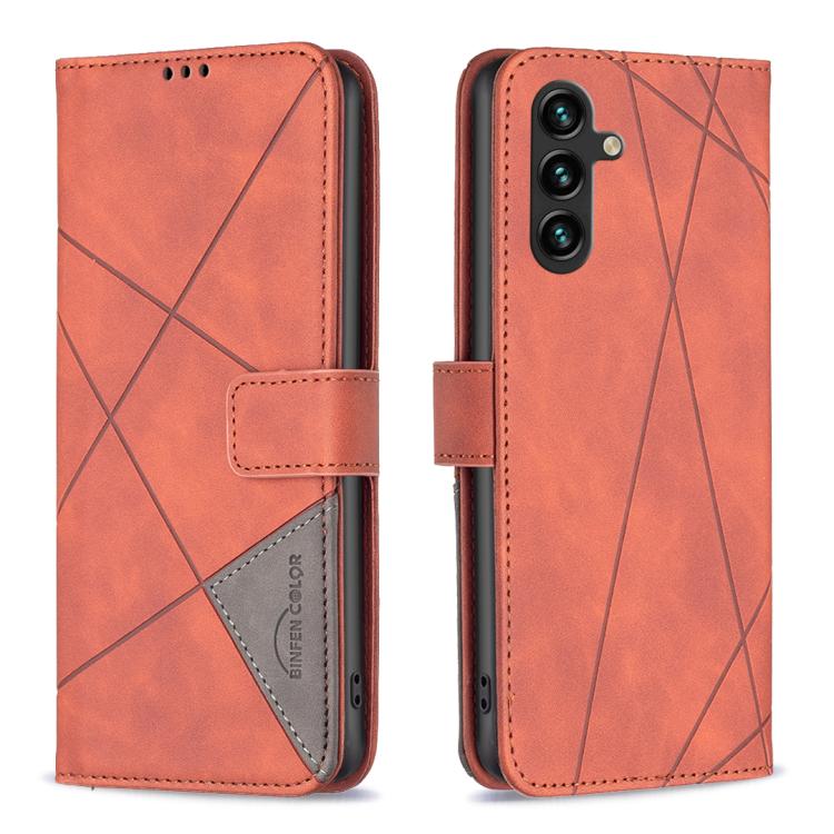 Funda de cuero con textura romboidal y hebilla magnética para Samsung Galaxy M36 5G (marrón)