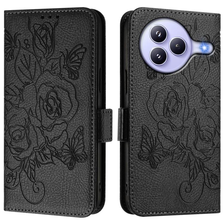 Funda de cuero antirrobo RFID con relieve rosa para Xiaomi Civi 5 Pro 5G (negra)