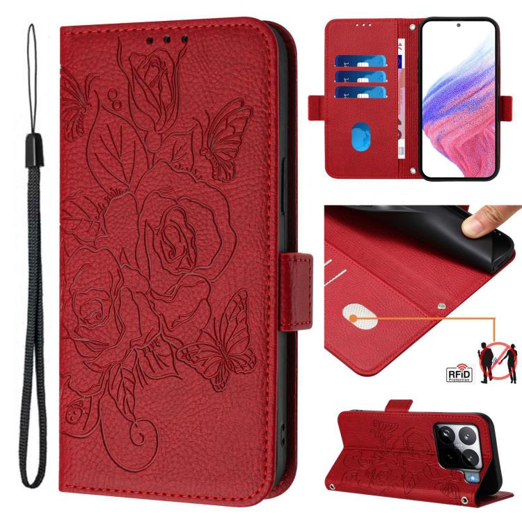 Funda de cuero antirrobo RFID con relieve rosa para Xiaomi 15S Pro 5G (roja)