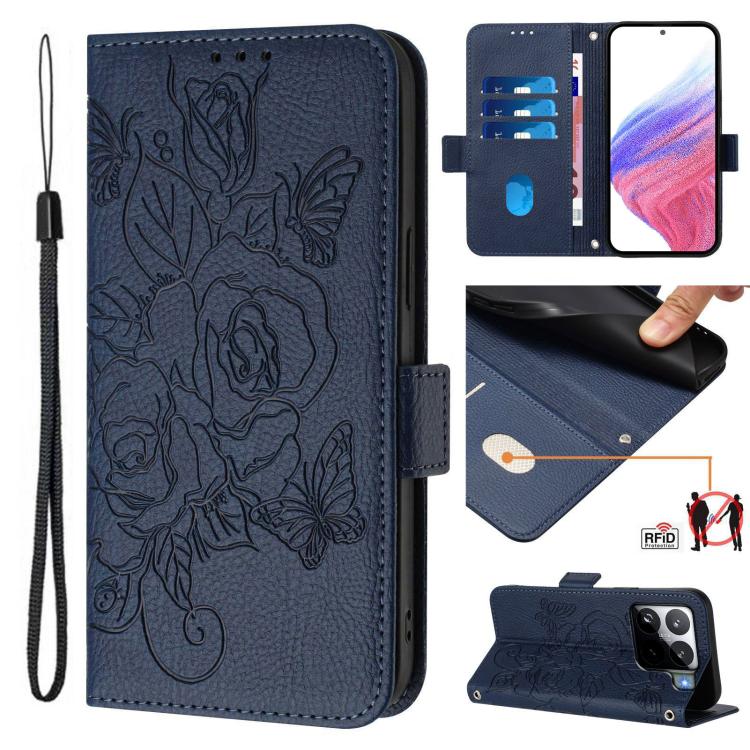 Funda de cuero antirrobo RFID con relieve rosa para Xiaomi 15S Pro 5G (azul oscuro)