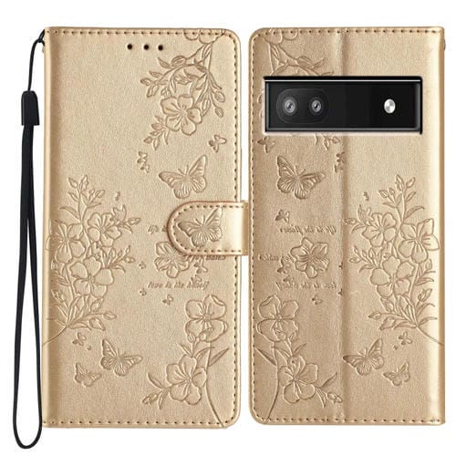 Funda de Cuero para Google Pixel 9A con Diseño de Mariposas y Flores (Dorada)
