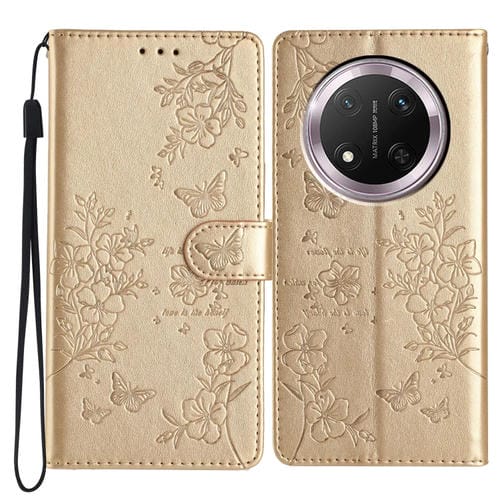 Funda de Cuero para Honor X9C con Mariposas y Flores (Dorada)