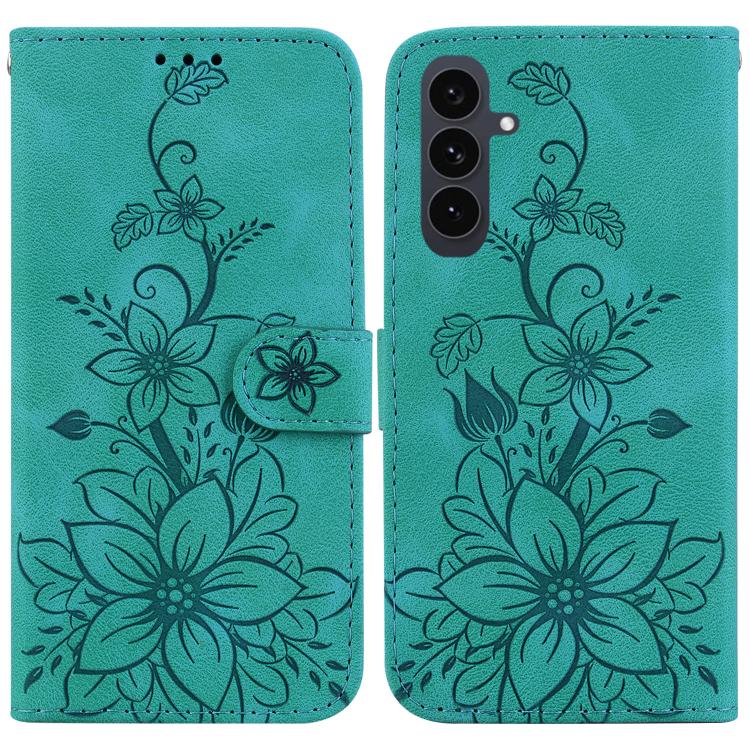 Funda de piel con relieve de lirio para Samsung Galaxy S25 FE 5G (verde)