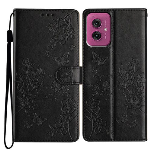 Funda de Cuero para Motorola Moto G55 con Diseño de Mariposas y Flores (Negra)