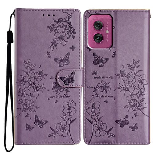 Funda de Cuero para Motorola Moto G55 con Mariposas y Flores (Morado)