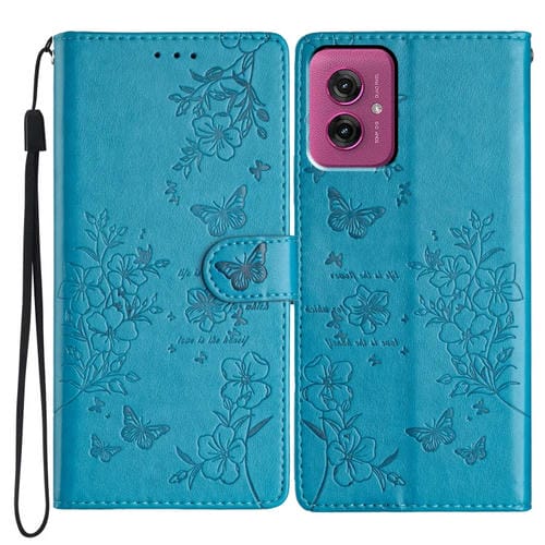 Funda de Cuero para Motorola Moto G55 con Diseño de Mariposas y Flores (Azul)