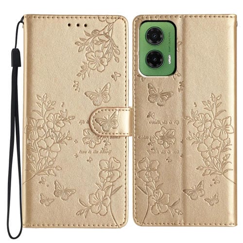 Funda de Cuero Motorola Moto G35 con Diseño de Mariposas y Flores (Dorada)