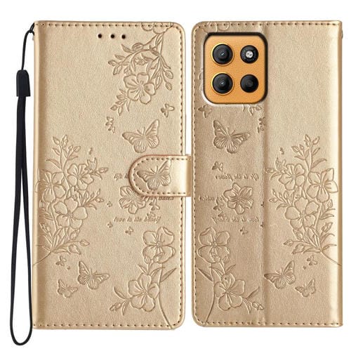 Funda de Cuero Motorola Moto G15 con Diseño de Mariposas y Flores (Dorada)