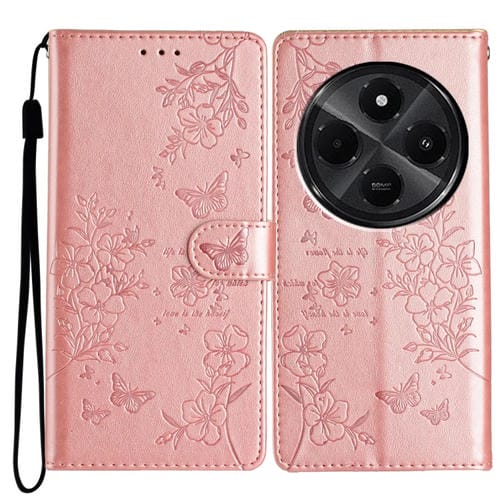 Funda de Cuero con Mariposas y Flores para Redmi A4 5G (Oro Rosa)