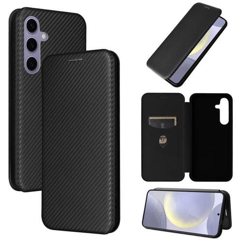 Funda de cuero con tapa y textura de fibra de carbono para Samsung Galaxy S25 FE 5G (negra)