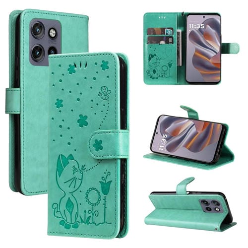 Funda de Cuero con Tapa para Motorola Edge 50 Neo con Diseño de Gato y Abeja en Relieve (Verde)