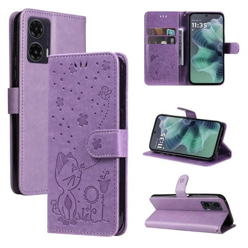 Funda de Cuero con Tapa para Motorola Moto G35 con Diseño de Gato y Abeja (Morado)