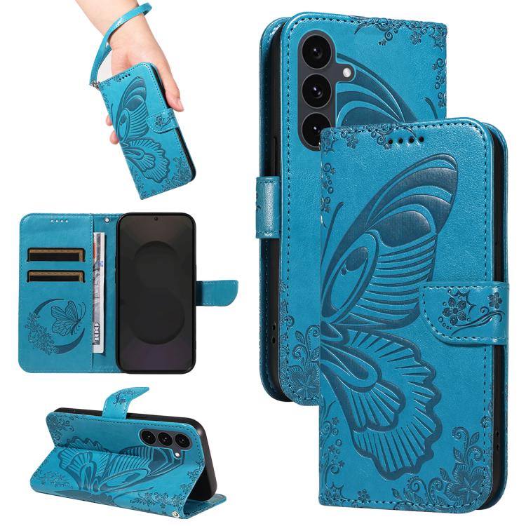 Funda de cuero con relieve de mariposa para Samsung Galaxy S25 FE 5G (azul)