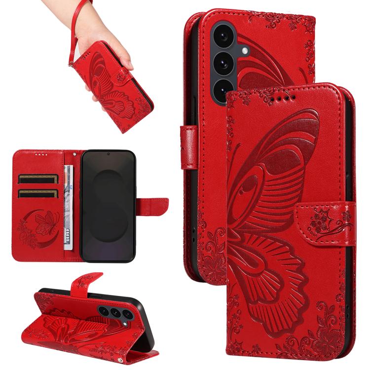 Funda de cuero con relieve de mariposa para Samsung Galaxy S25 FE 5G (roja)